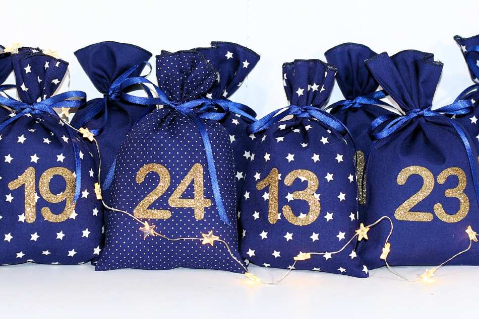 adventskalender stoffbeutel blau glitzter gold