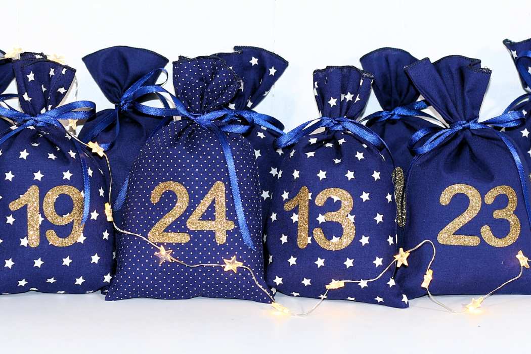 adventskalender stoffbeutel blau glitzter gold