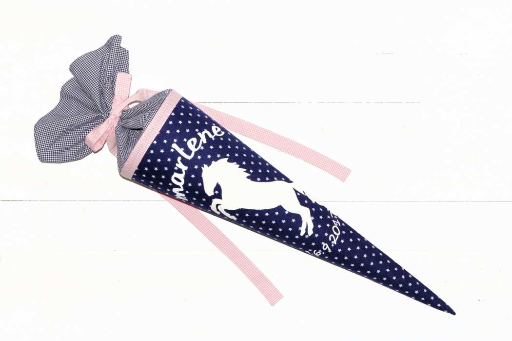 Schultüte mit Pferd in blau mit Namen und Datum